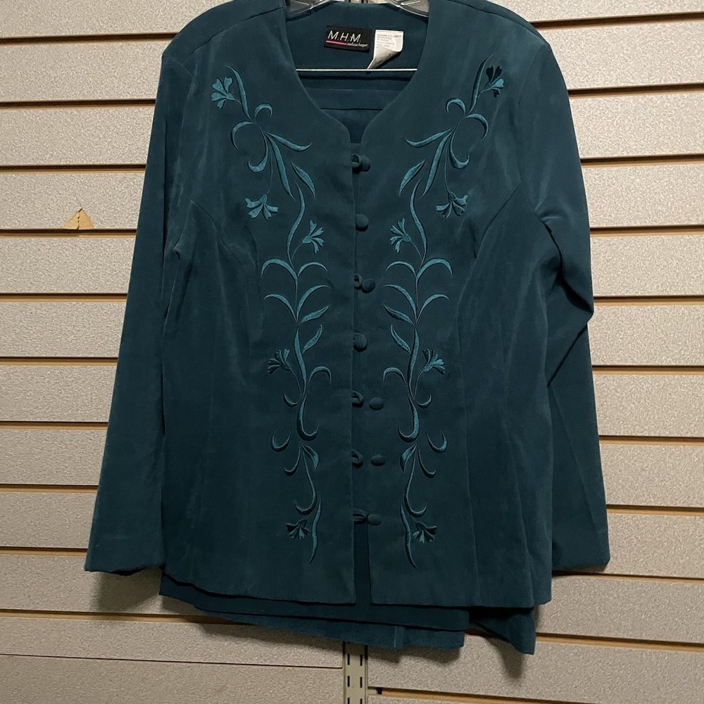 M.H.M. Melissa Harper 2 Pc Skirt Suit Blazer Deep Teal Women's Sz 14 Embroidered